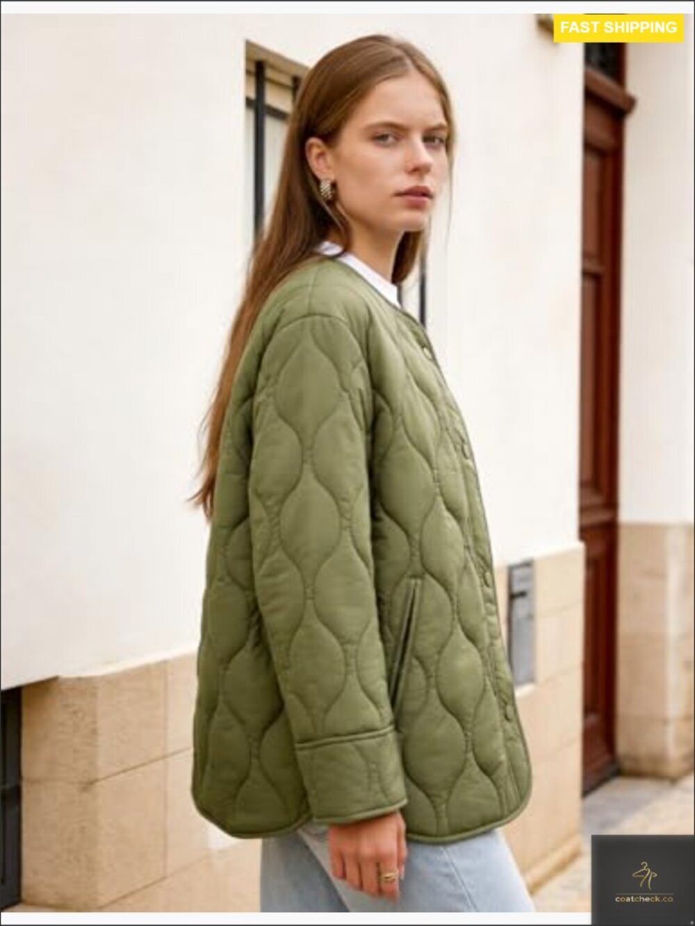 Oversized Quilted Lightweight Jacket Button Down Puffer Padded Outerwear with - Picture 5 of 7